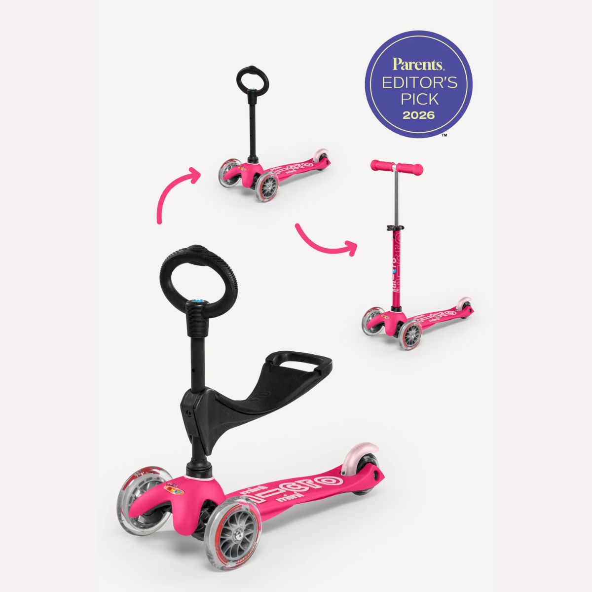Patinete Infantil Micro Kickboard Mini 3 em 1 Deluxe Pink - Grows with Your Child