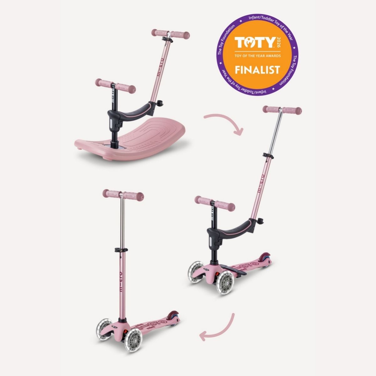 Patinete Infantil Micro Kickboard Mini Rock & Go LED 6 em 1 com Balanço Dusty Rose - 3-in-1 Fun That Grows with Your Child